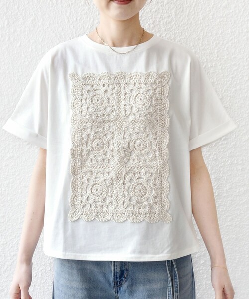 tシャツ 「WEB限定」「汗染み防止/手洗い可能」クロシェ ドッキング ショート スリーブ TEE レディースの画像
