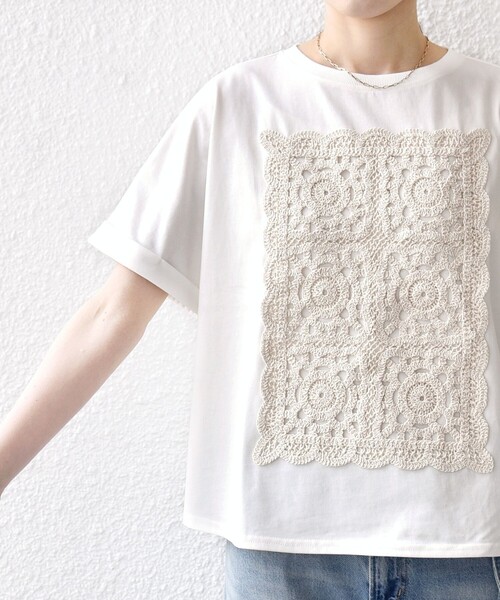 tシャツ 「WEB限定」「汗染み防止/手洗い可能」クロシェ ドッキング ショート スリーブ TEE レディースの画像