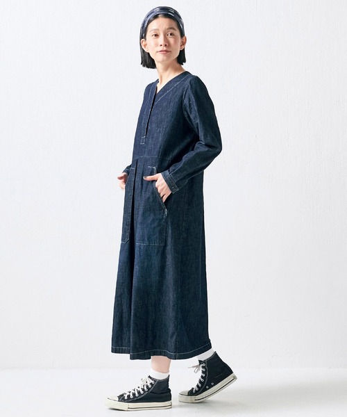 「Sunny clouds」 長袖ワンピース M インディゴブルー レディース_画像2