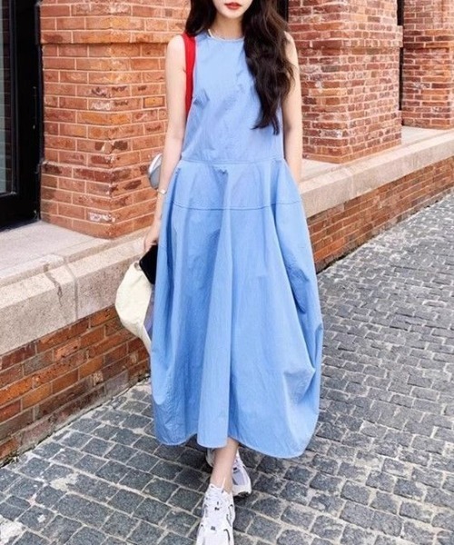 ワンピース リゾート風 ブルー ノースリーブワンピース Aライン ロング
