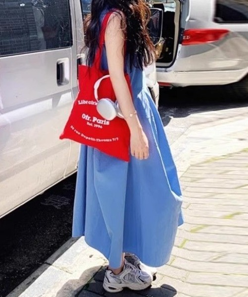 ワンピース リゾート風 ブルー ノースリーブワンピース Aライン ロング