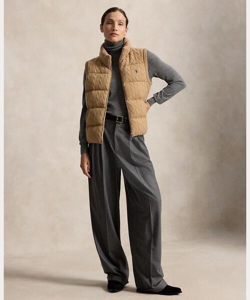 美品✨ラルフローレン　ニットロングベスト　レザーパイピング　カシミヤ混　ベージュ POLO RALPH LAUREN（ポロ・ラルフローレン） ラルフローレン コート