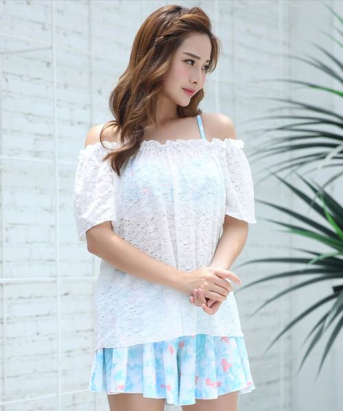 Lace Ladies 水着 レースカバーアップ付花柄ビキニ4点セット