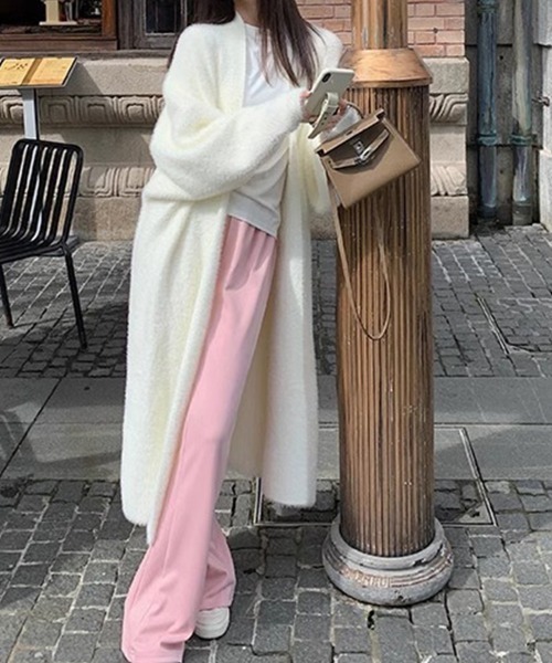 ノーカラーコート コート シャギーニットロングコート レディース