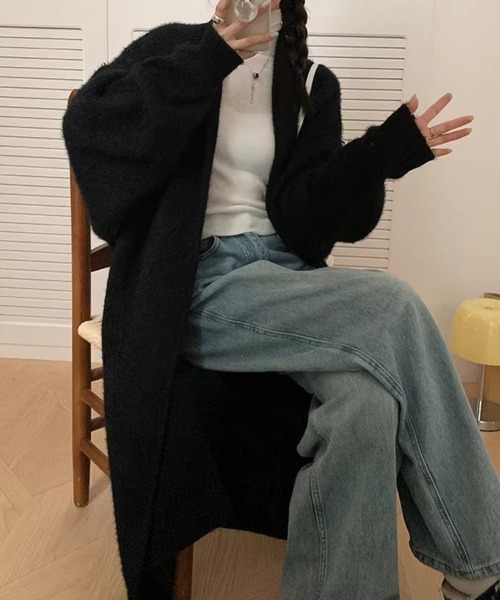 ノーカラーコート コート シャギーニットロングコート レディース