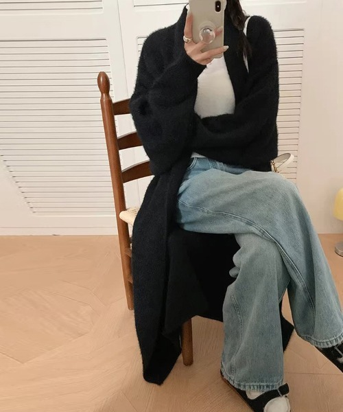 ノーカラーコート コート シャギーニットロングコート レディース