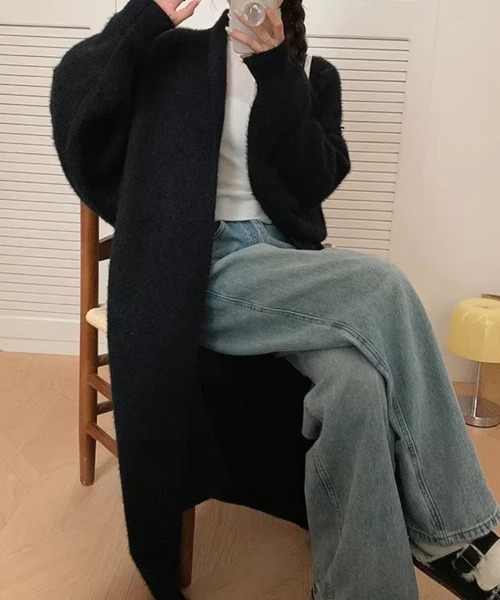 ノーカラーコート コート シャギーニットロングコート