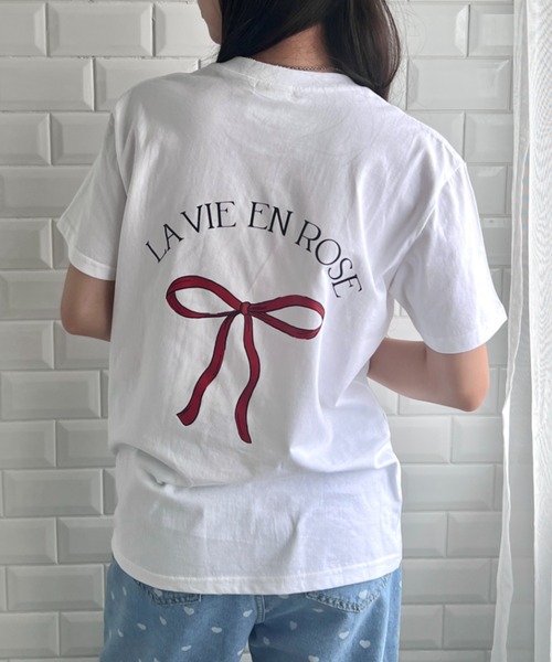 バックリボンプリント リボン tシャツ リボンプリントコットン半袖Tシャツ レディースファッション通販