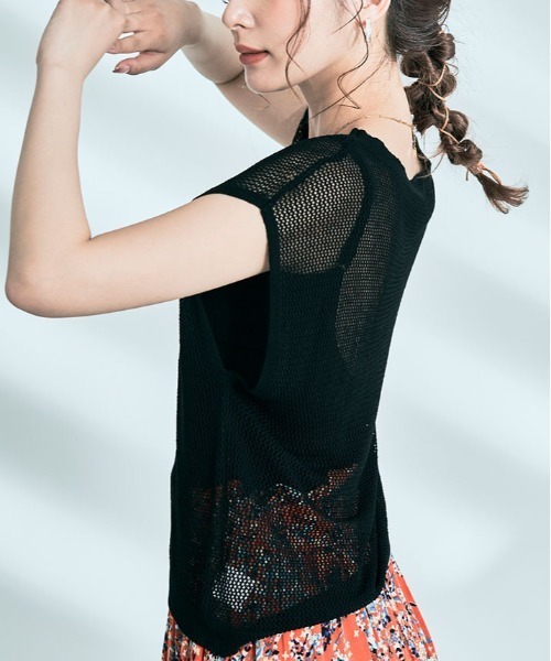 ニット セーター エンブレム刺繍 フレンチメイドメッシュニット半袖Tシャツ レディース LACOSTE ニット セーター エンブレム刺繍 フレンチメイド