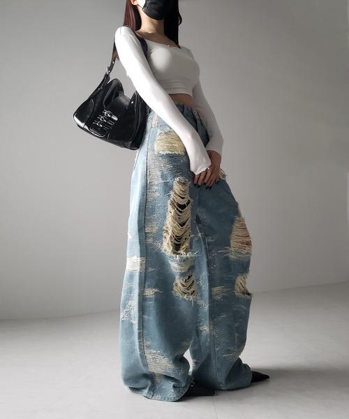 デニムパンツ バイカラー 配色 ダメージ加工 ストレート お洒落 me+em select ジーンズ デニム デニムパンツ 「 2color