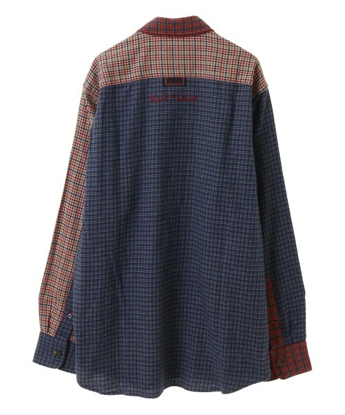 シャツ レトロミニチェックフランネルパッチワークシャツブラウス 