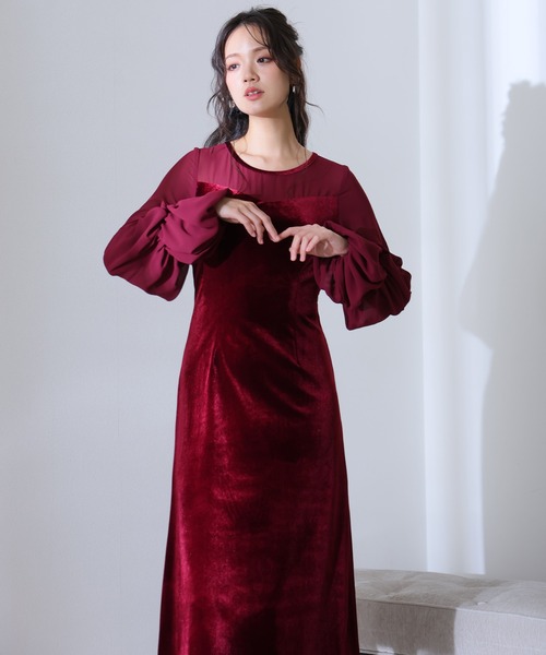 PourVous ドレス 結婚式パーティードレスベロアミモレ丈＆袖あり