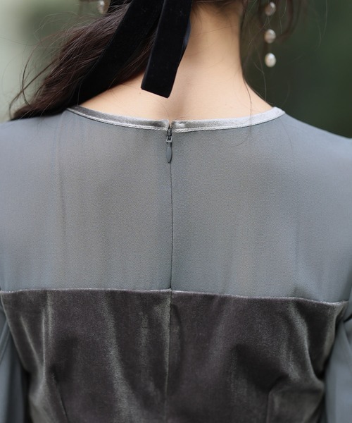 PourVous ドレス 結婚式パーティードレスベロアミモレ丈＆袖あり