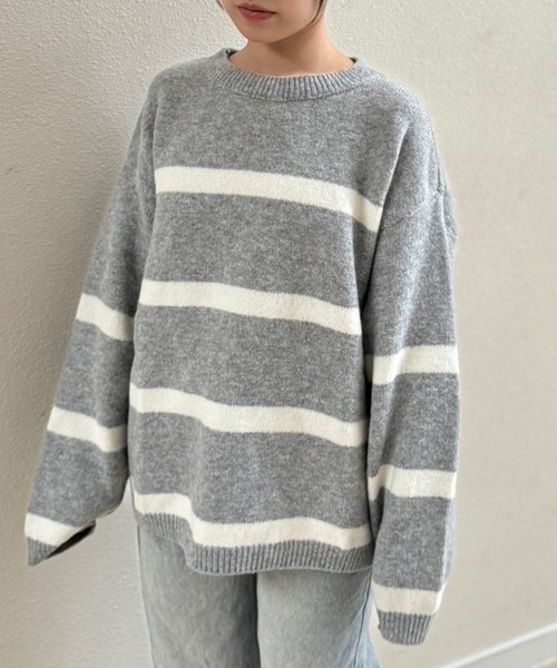 ニット セーター 「 NOLITA / ノリータ 」ゆったり ライトグレー ボーダー シンプル ベーシック クルーニット セーター レディース NOLITA LABORATORY ニット セーター 「 / ノリータ 」ゆったり