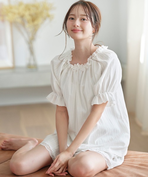 パジャマ ルームウェア 「綿100％」スクエアネックフリルパジャマ