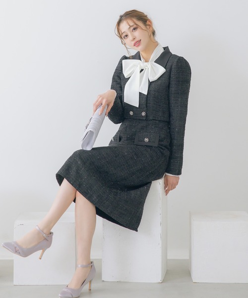 ジャケットとワンピースのスーツ　再値下げ中 高身長 【喪服・礼服】 洗えるフォーマルノーカラーアンサンブル