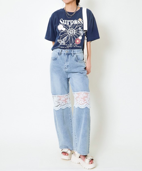 デザインパンツ デニム ジーパン レース 花柄 シアー ワイド Theater code ジーンズ flower design wide denim pants