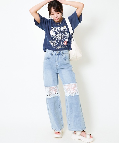 ジーンズ デニム デニムパンツ 花柄レース付きワイドデニム