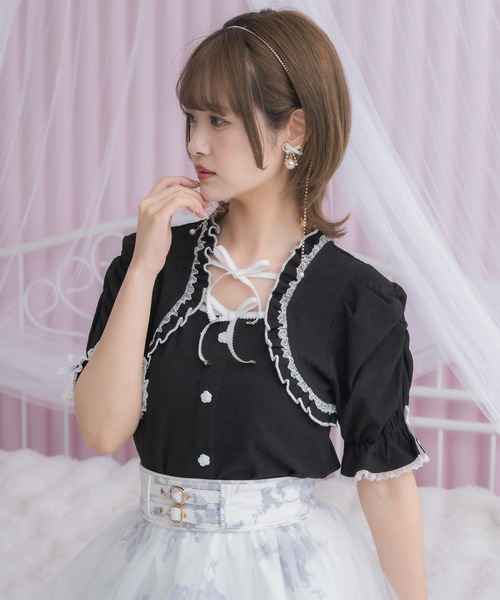 トップス PGT クチュールバイロジータ ブラウス シャツ レーストリムボウタイリボン