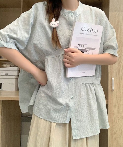 ブラウス シャツ 格子柄半袖パフスリーブ変形ブラウス レディース