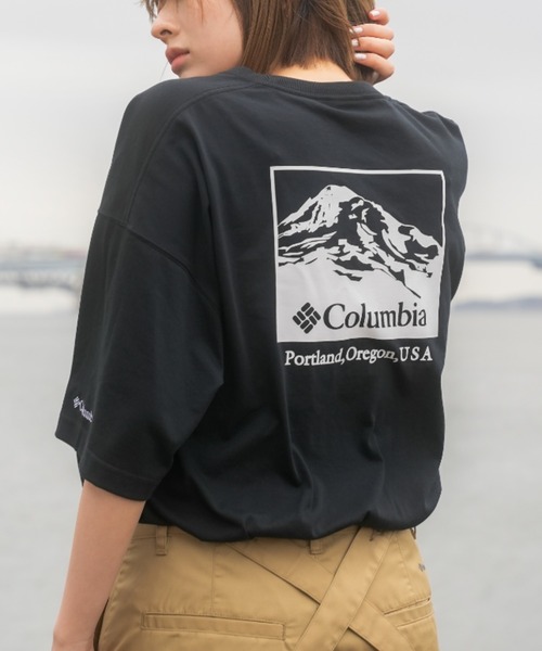 「Columbia」 半袖Tシャツ X-LARGE ブラック×ホワイト レディース