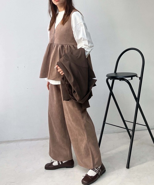 AS KNOW セットアップぺプラムジップベスト ワイドパンツ