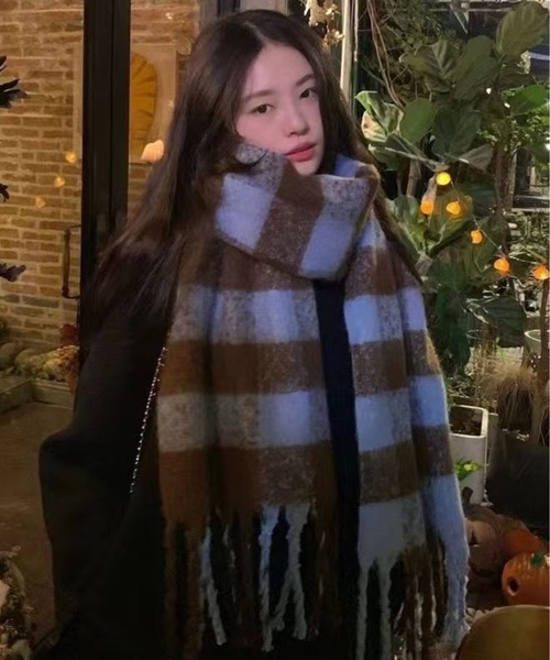 AsheKsha マフラー ストール 「新作」チェック柄フリンジ付き防寒