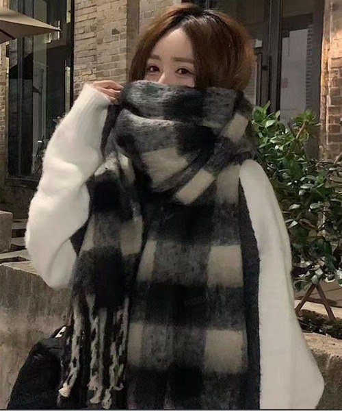 AsheKsha マフラー ストール 「新作」チェック柄フリンジ付き防寒