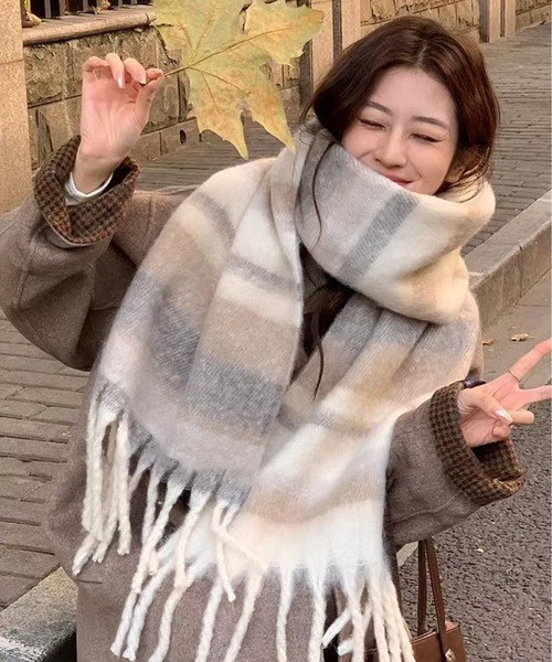 AsheKsha マフラー ストール 「新作」チェック柄フリンジ付き防寒