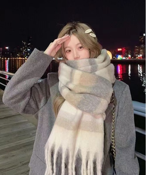 AsheKsha マフラー ストール 「新作」チェック柄フリンジ付き防寒