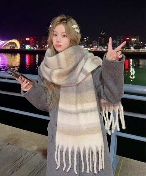 AsheKsha マフラー ストール 「新作」チェック柄フリンジ付き防寒