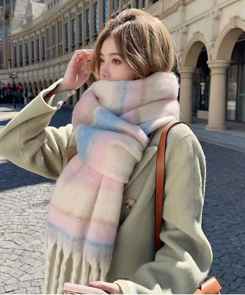 AsheKsha マフラー ストール 「新作」チェック柄フリンジ付き防寒