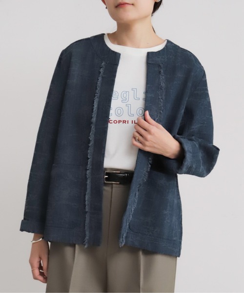 【美品】エムズグレイシー ノーカラー デニム ジャケット フリンジ 日本製 ジャケット ノーカラージャケット フリンジデニム ノーカラー