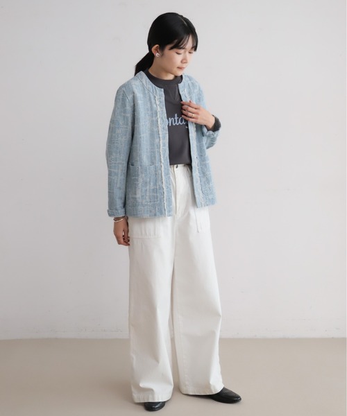 ジャケット ノーカラージャケット フリンジデニム ノーカラー
