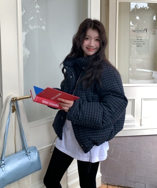 ダウンコート ダウンジャケット チェック柄 スタンドカラー エコダウン