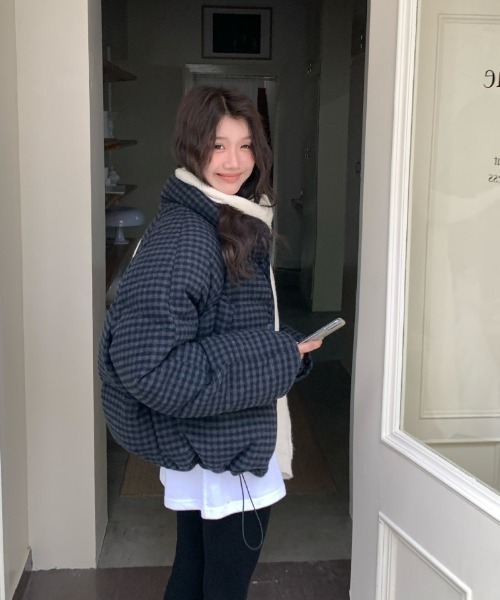 ダウンコート ダウンジャケット チェック柄 スタンドカラー エコダウン