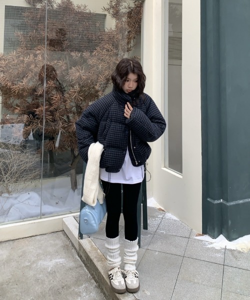 ダウンコート ダウンジャケット チェック柄 スタンドカラー エコダウン
