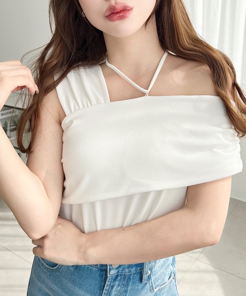 moment+ tシャツ チョーカー付きワンショルダートップス レディース