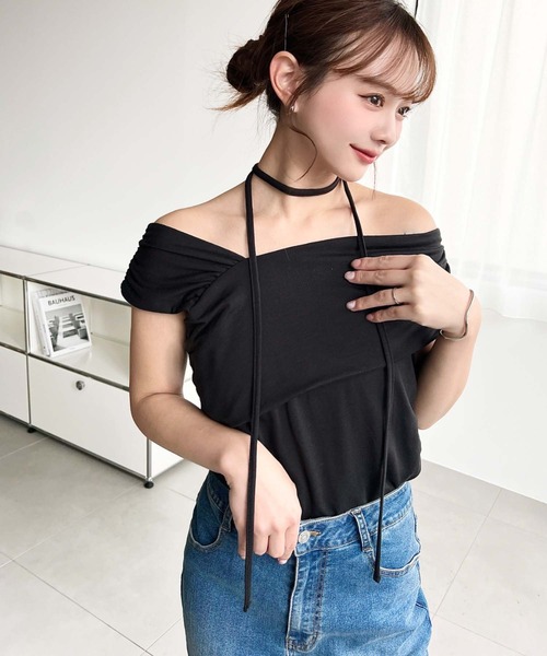 moment+ tシャツ チョーカー付きワンショルダートップス レディース