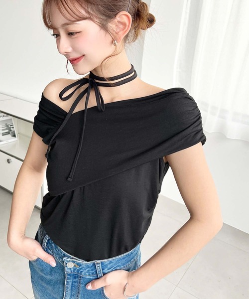 moment+ tシャツ チョーカー付きワンショルダートップス レディース