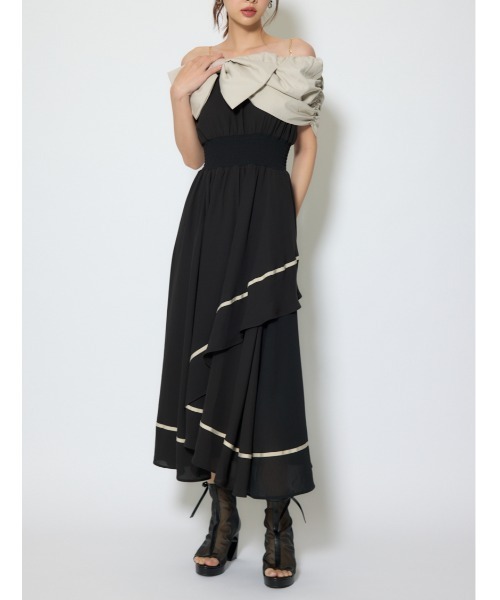 フロントビッグリボンフレアワンピース 春服 夏服 rienda（リエンダ） ワンピース フロントビッグリボンフレアワンピース