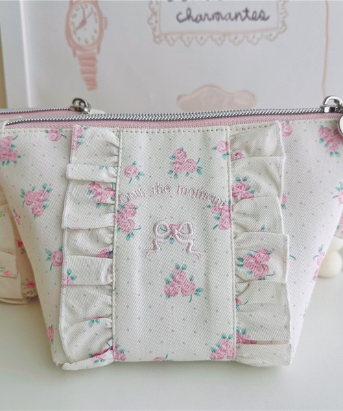 leune（ルネ） ポーチ ワンポイント刺繍フリルポーチ/マルチポーチ