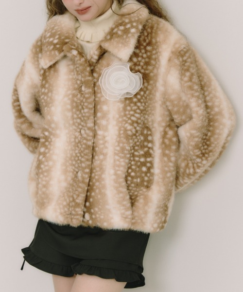 コート アウター tulle brooch fur coat / コサージュ付きファーコート
