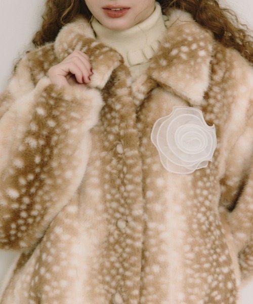 コート アウター tulle brooch fur coat / コサージュ付きファーコート