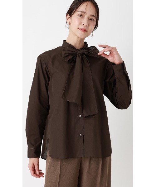 ボウタイブラウス ダークブラウン エルメス長袖 AOYAMA ブラウス シャツ バンドカラーボウタイブラウス「長袖」「2WAY
