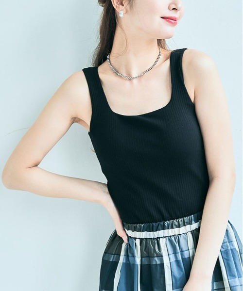 タンクトップ ノースリーブ カップ付き スクエア ネック リブ