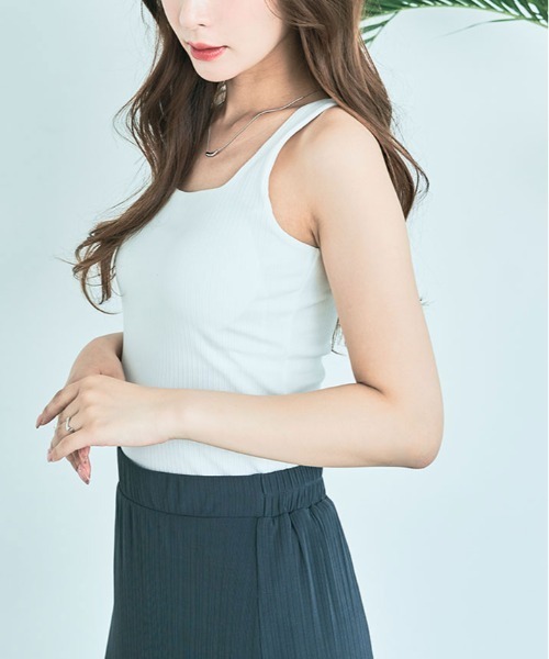 タンクトップ ノースリーブ カップ付きリブニットトップス レディース DAY CLOSET タンクトップ ノースリーブ レディース 高ストレッチ