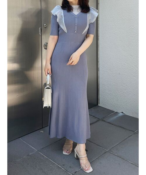 今期 マーキュリーデュオ 2WAYオーガンジードッキングラッフルニット MERCURYDUO ワンピース 2WAYオーガンジードッキングラッフル