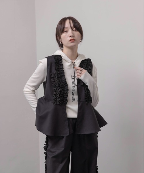 パンツ ストライプフリルジレ×パンツ セットアップ レディース 