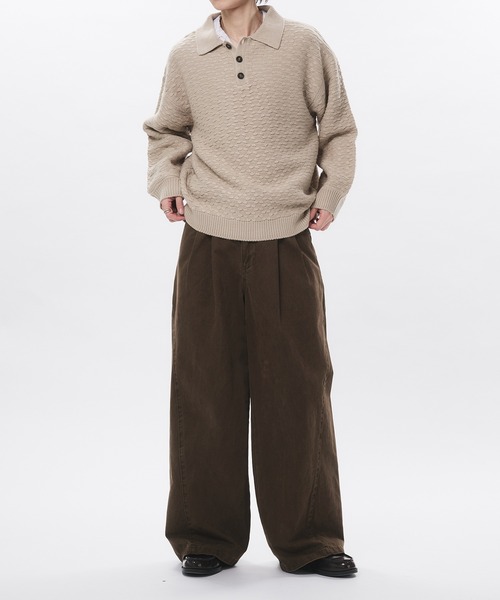 Adoon plain セーター ニット JACQUARD KNIT POLO / ジャガード編み
